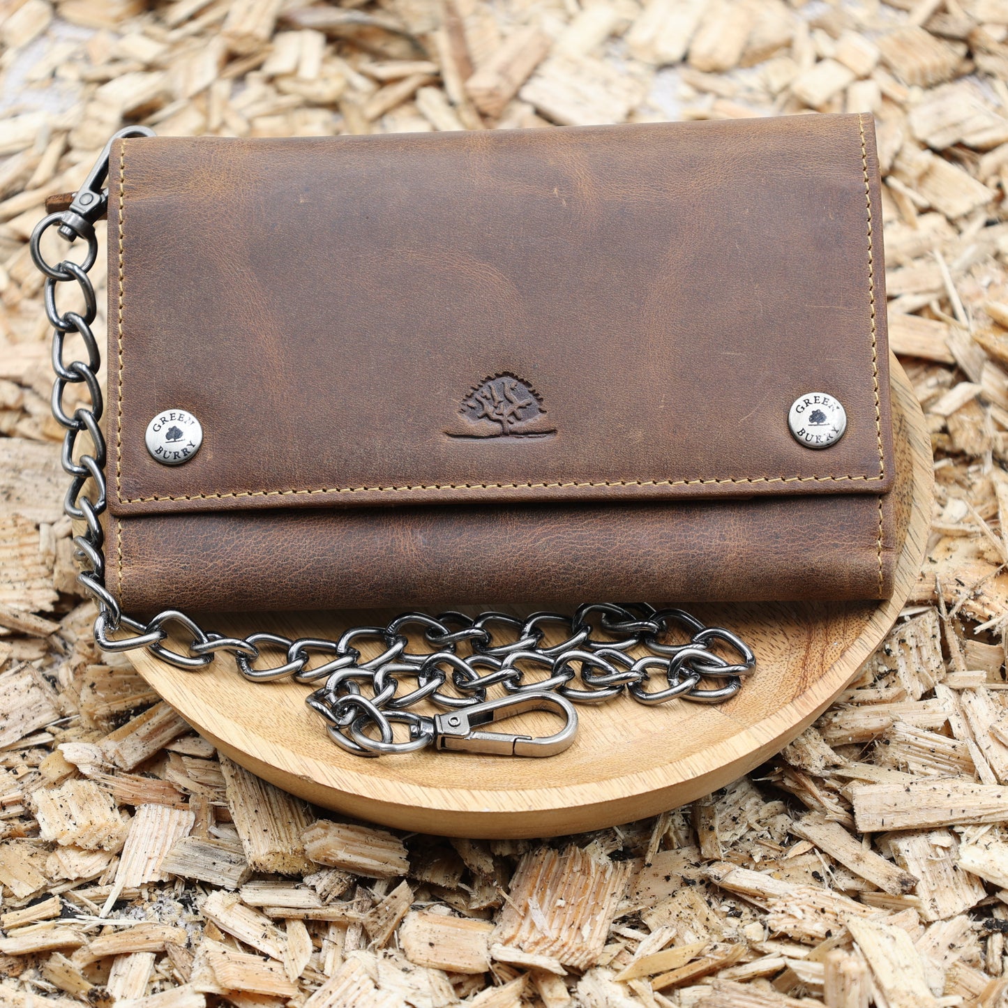 "Geldbörse Leder braun 17x10cm Vintage Kette antikbraun Greenburry Überschlag Druckknöpfe"
