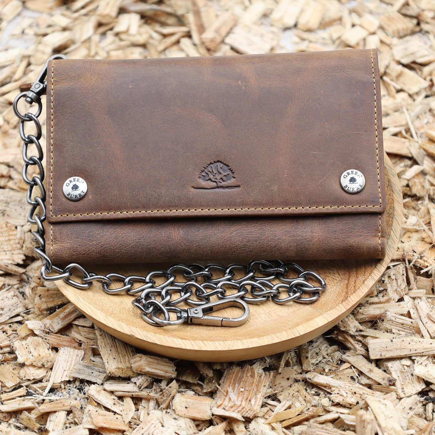 "Geldbörse Leder braun 17x10cm Vintage Kette antikbraun Greenburry Überschlag Druckknöpfe"
