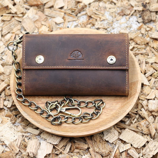 "Vintage Biker Geldbörse Leder braun 15x9cm mit abnehmbarer Kette Greenburry"