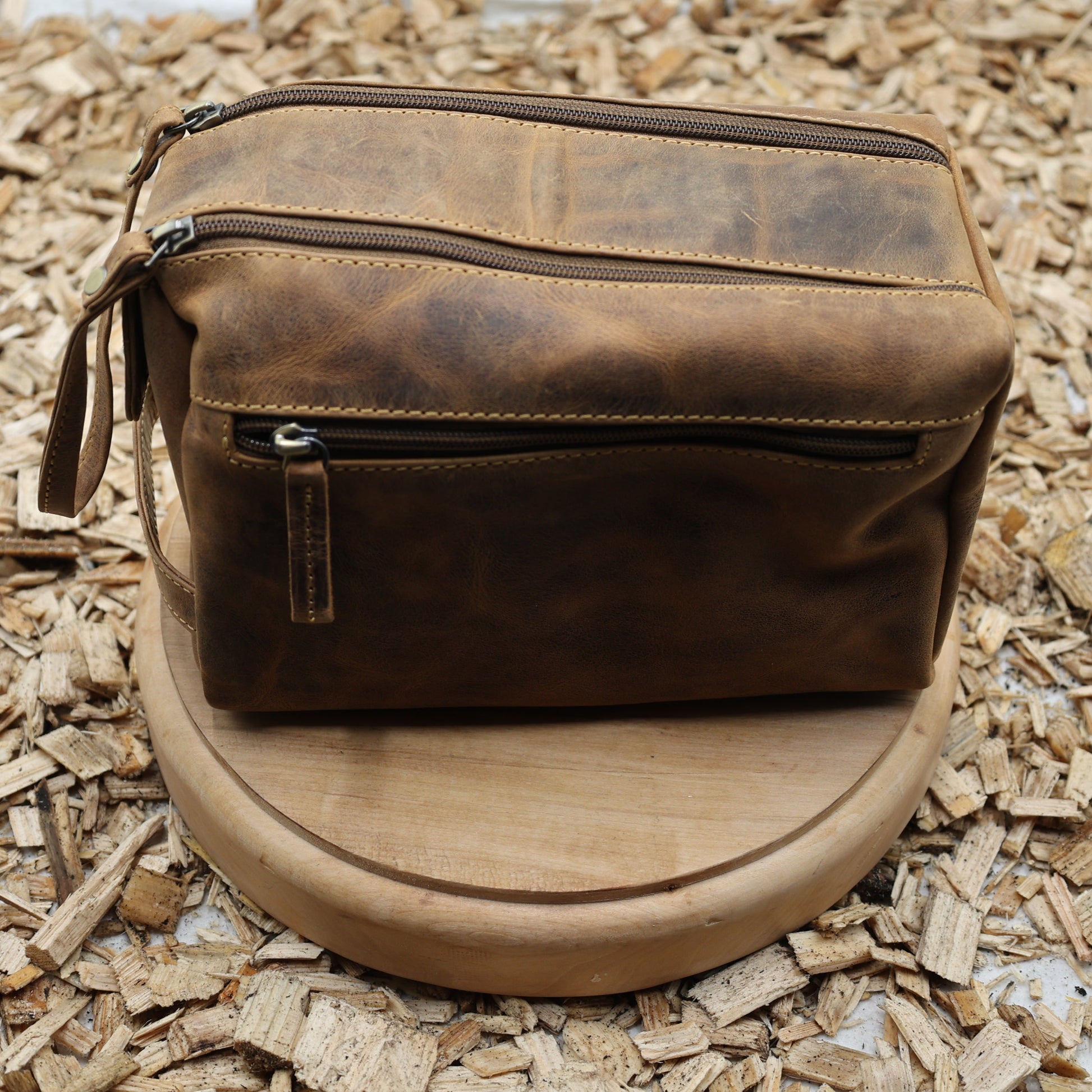 "Kulturbeutel Leder braun 23x15cm Vintage Greenburry Trageschlaufe doppelter Reißverschluss