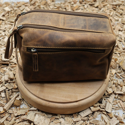 "Kulturbeutel Leder braun 23x15cm Vintage Greenburry Trageschlaufe doppelter Reißverschluss