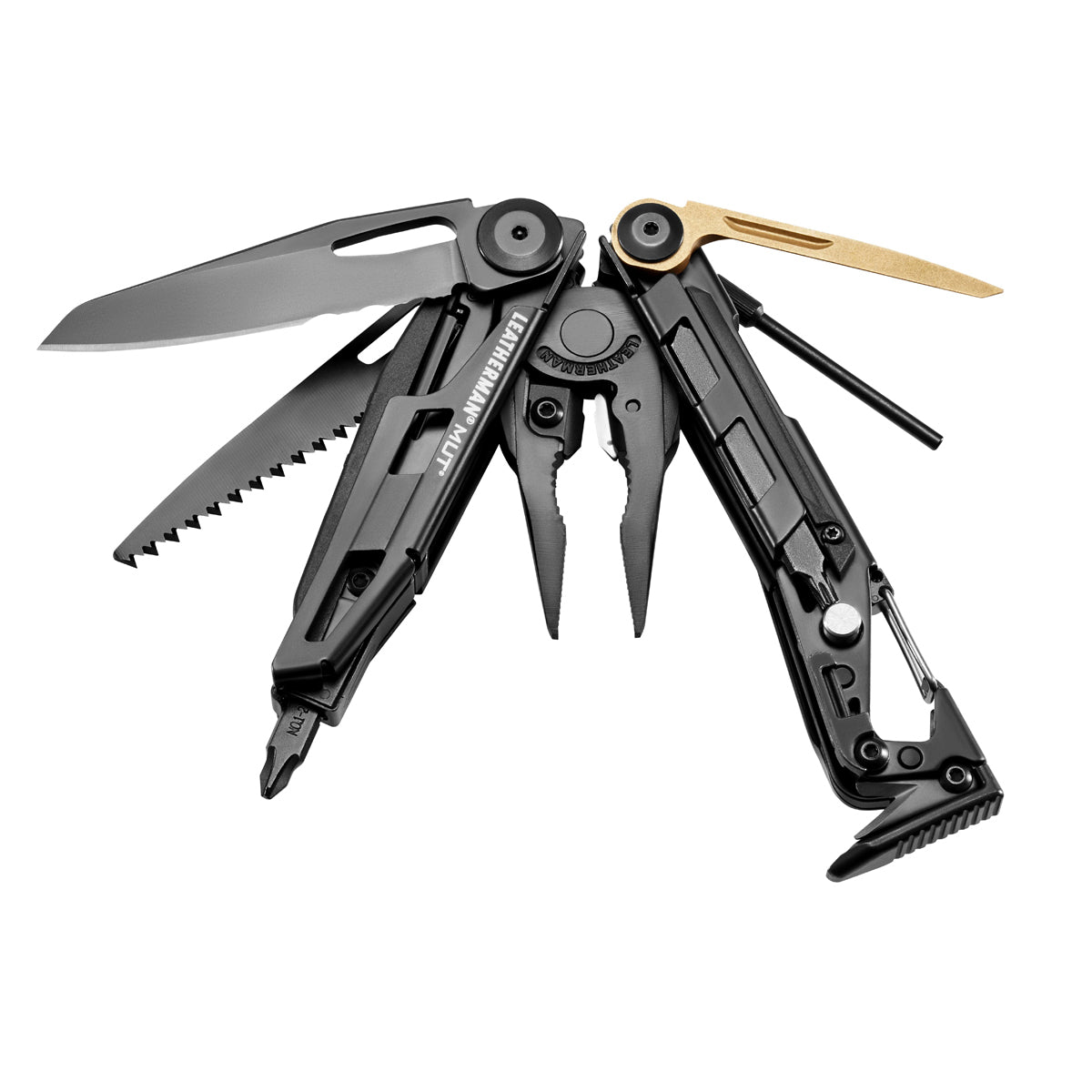 Leatherman MUT mit geöffneten Werkzeugen - Zange, Drahtschneider und Bit-Adapter